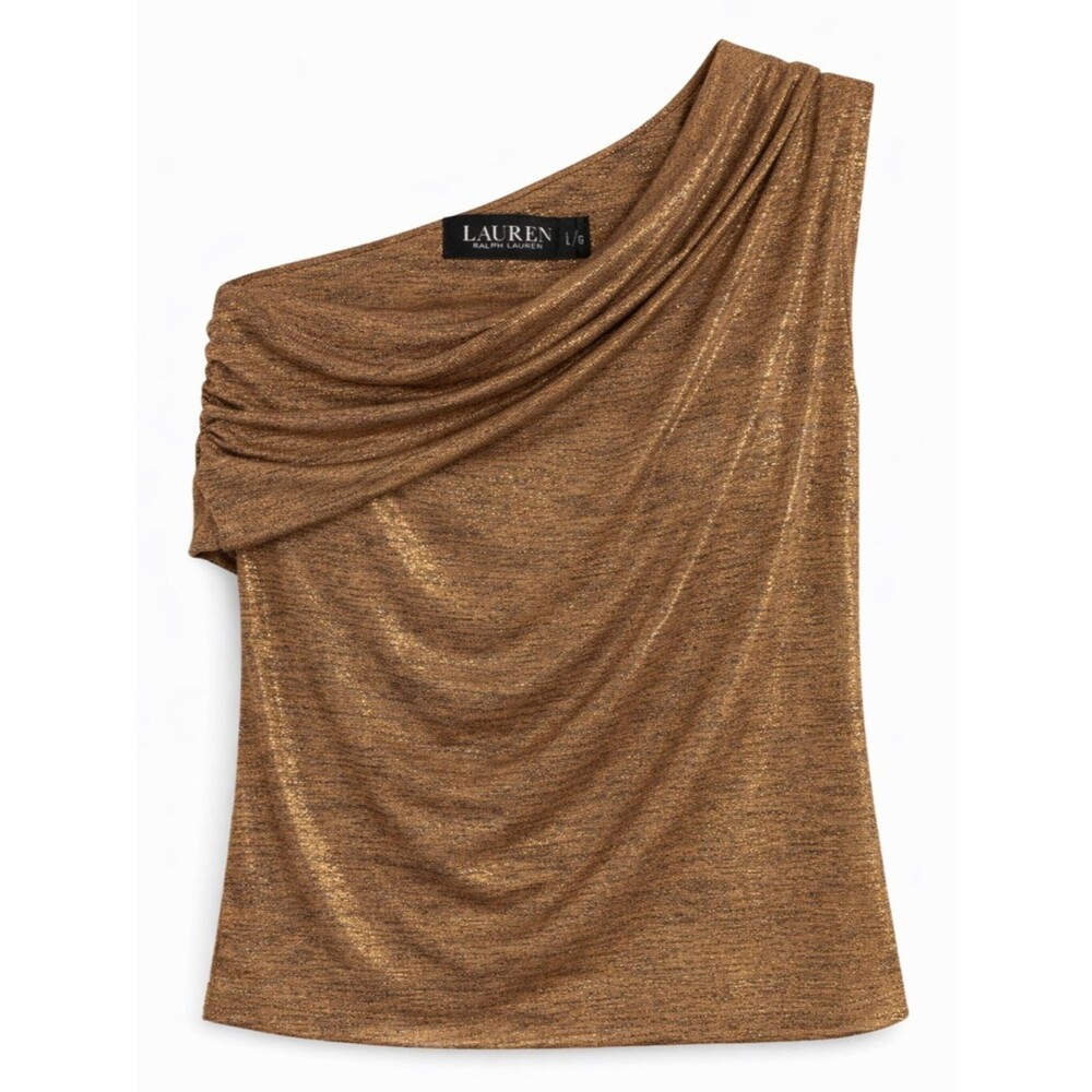 Lauren Ralph Lauren Metallic One Shoulder Gold Shimmer Draped Cocktail Blouse Lg - Picture 4 of 9